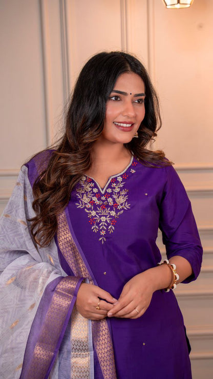 Designers Kurta Pent Set, Premium Roman Silk & Kurta Full Inner Cotton with Hand Work Neckline, Dupatta Heavy Quality Nylon Muslin jacquard With Latkan