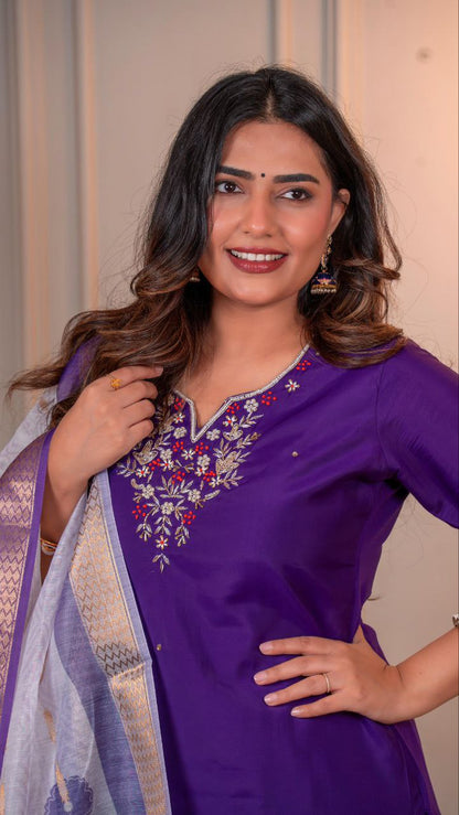 Designers Kurta Pent Set, Premium Roman Silk & Kurta Full Inner Cotton with Hand Work Neckline, Dupatta Heavy Quality Nylon Muslin jacquard With Latkan