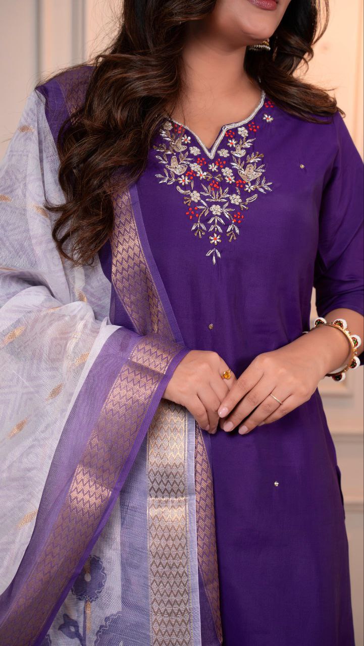 Designers Kurta Pent Set, Premium Roman Silk & Kurta Full Inner Cotton with Hand Work Neckline, Dupatta Heavy Quality Nylon Muslin jacquard With Latkan