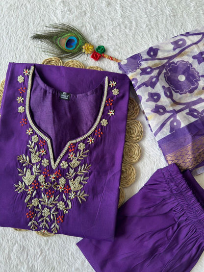 Designers Kurta Pent Set, Premium Roman Silk & Kurta Full Inner Cotton with Hand Work Neckline, Dupatta Heavy Quality Nylon Muslin jacquard With Latkan