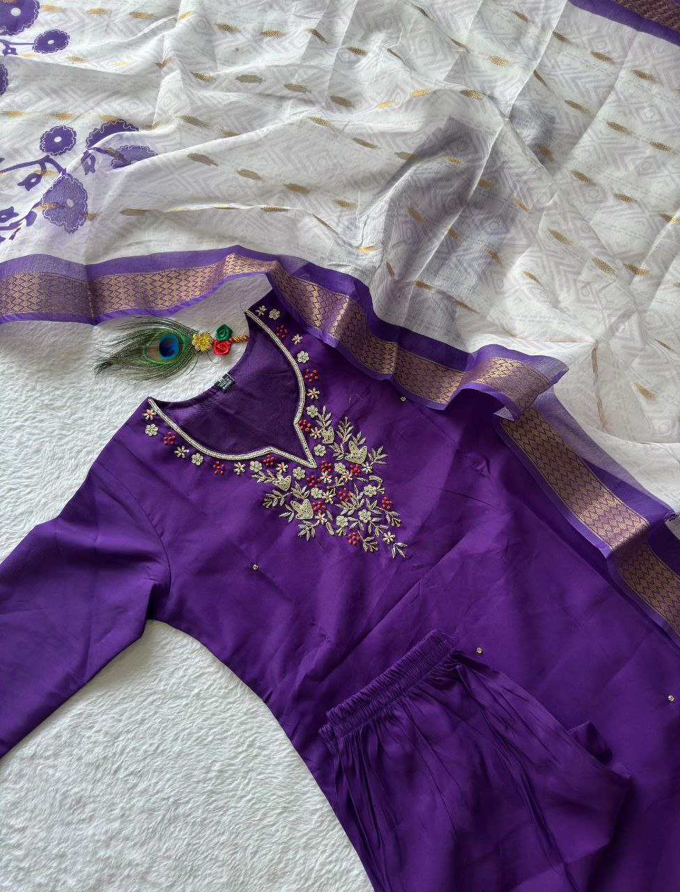 Designers Kurta Pent Set, Premium Roman Silk & Kurta Full Inner Cotton with Hand Work Neckline, Dupatta Heavy Quality Nylon Muslin jacquard With Latkan