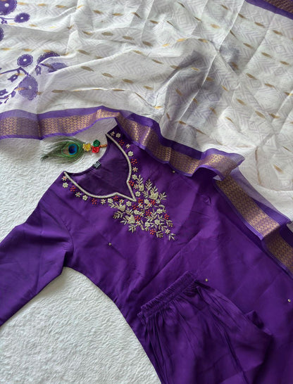 Designers Kurta Pent Set, Premium Roman Silk & Kurta Full Inner Cotton with Hand Work Neckline, Dupatta Heavy Quality Nylon Muslin jacquard With Latkan