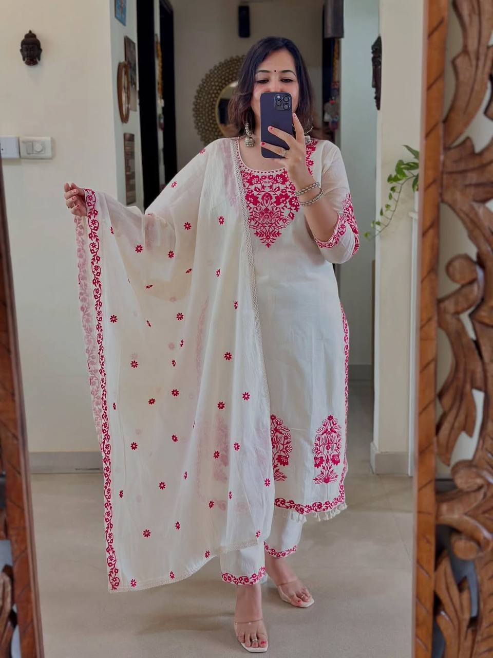 Women’s Roman Cotton Silk Pant Set with Dupatta | Heavy Thread Embroidery Work | Fully Stitched Top & Pant | Festive & Party Wear