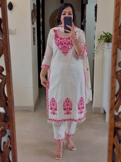 Women’s Roman Cotton Silk Pant Set with Dupatta | Heavy Thread Embroidery Work | Fully Stitched Top & Pant | Festive & Party Wear