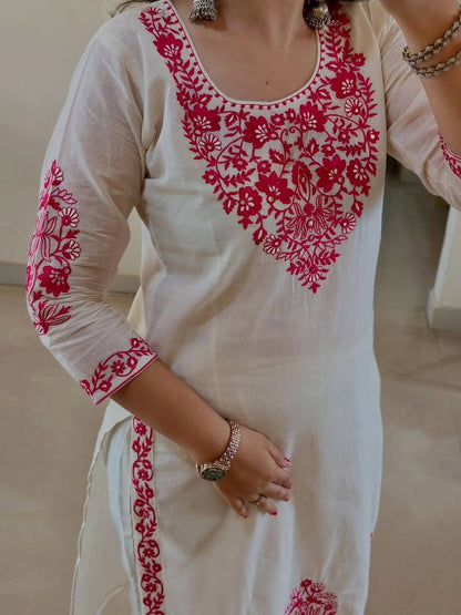 Women’s Roman Cotton Silk Pant Set with Dupatta | Heavy Thread Embroidery Work | Fully Stitched Top & Pant | Festive & Party Wear