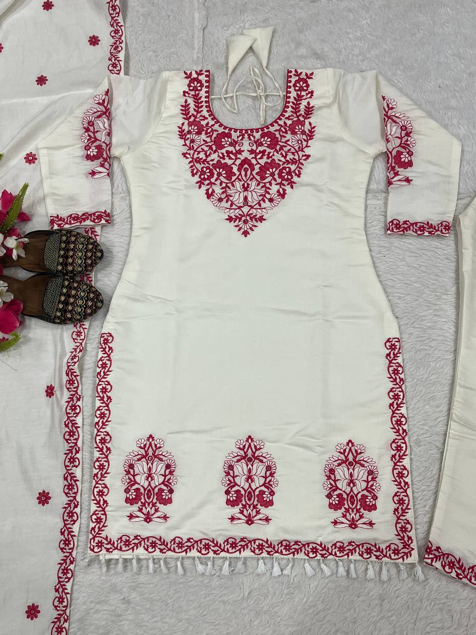 Women’s Roman Cotton Silk Pant Set with Dupatta | Heavy Thread Embroidery Work | Fully Stitched Top & Pant | Festive & Party Wear