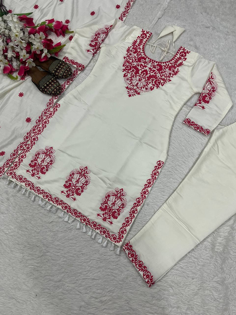 Women’s Roman Cotton Silk Pant Set with Dupatta | Heavy Thread Embroidery Work | Fully Stitched Top & Pant | Festive & Party Wear