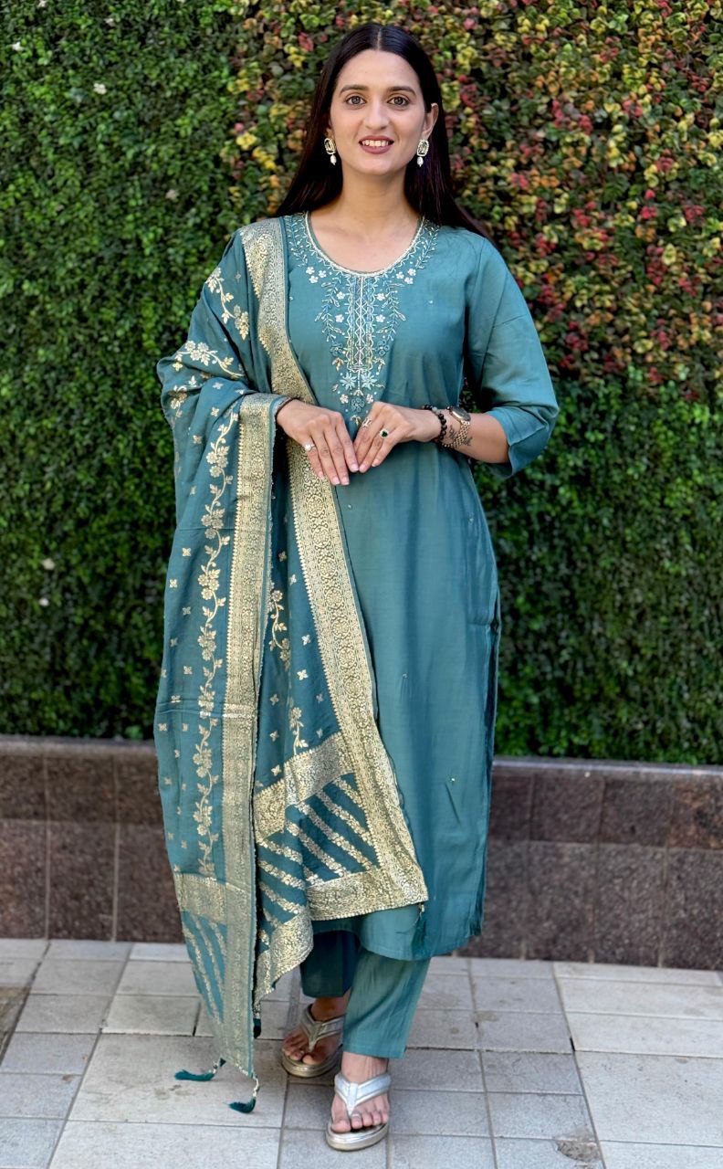 Designers Kurta Pent Set, Premium Roman Silk & Kurta Full Inner Cotton with Hand Work Neckline, Dupatta Heavy Quality Nylon Muslin jacquard With Latkan