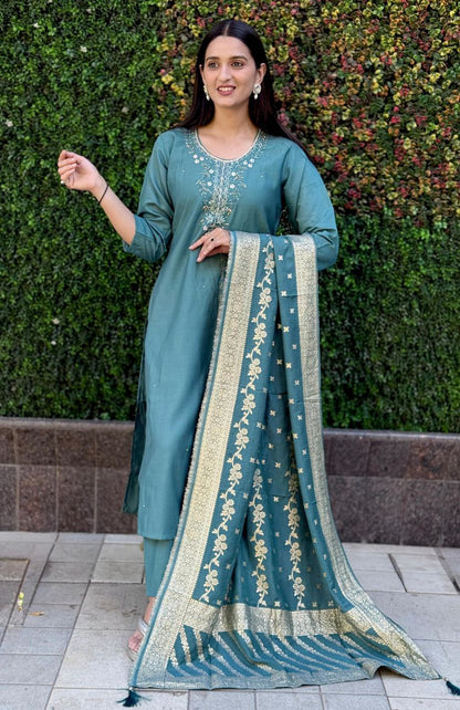 Designers Kurta Pent Set, Premium Roman Silk & Kurta Full Inner Cotton with Hand Work Neckline, Dupatta Heavy Quality Nylon Muslin jacquard With Latkan