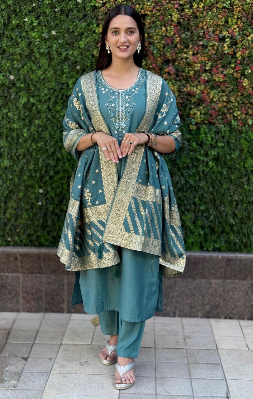 Designers Kurta Pent Set, Premium Roman Silk & Kurta Full Inner Cotton with Hand Work Neckline, Dupatta Heavy Quality Nylon Muslin jacquard With Latkan