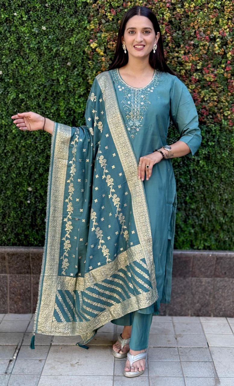 Designers Kurta Pent Set, Premium Roman Silk & Kurta Full Inner Cotton with Hand Work Neckline, Dupatta Heavy Quality Nylon Muslin jacquard With Latkan