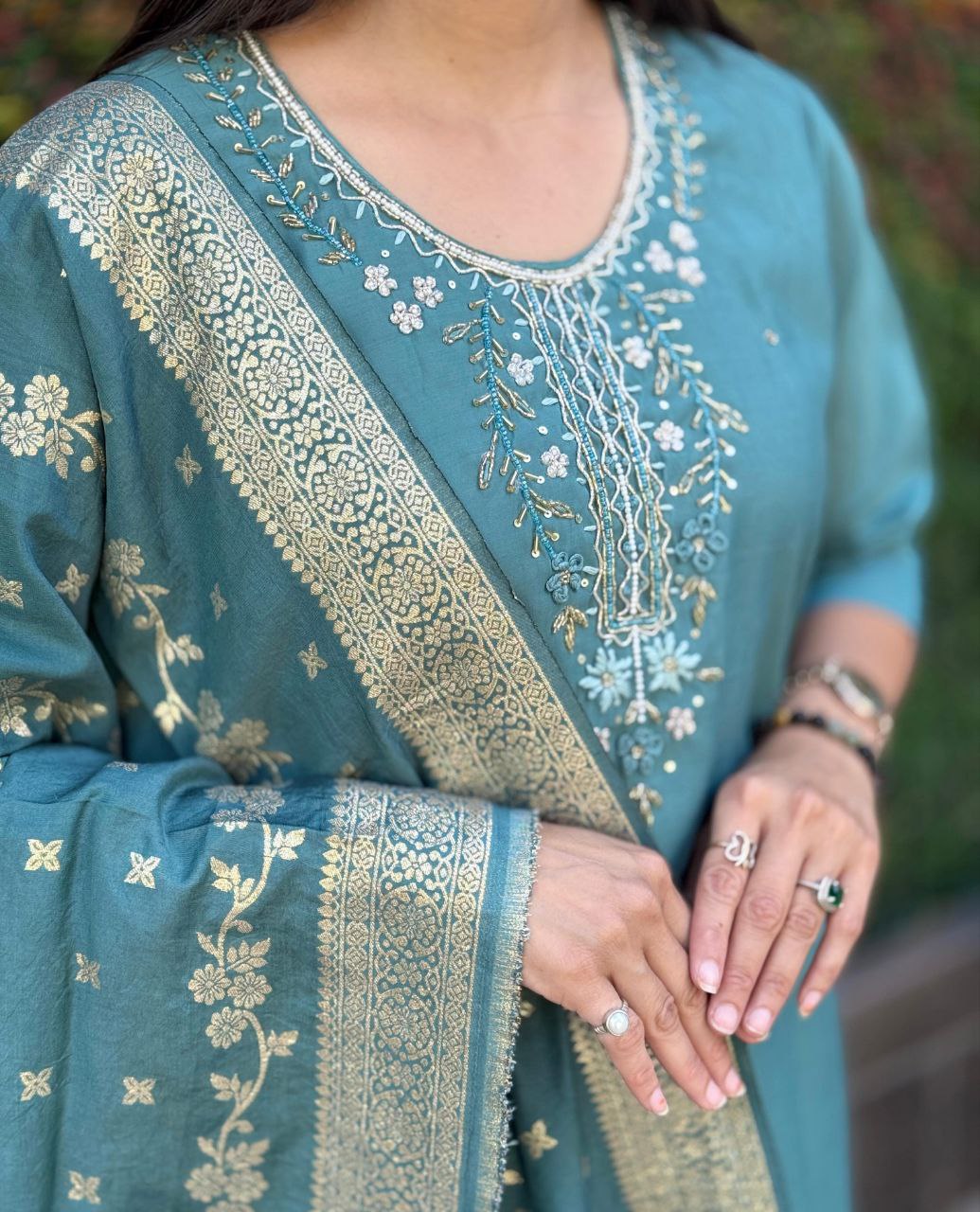 Designers Kurta Pent Set, Premium Roman Silk & Kurta Full Inner Cotton with Hand Work Neckline, Dupatta Heavy Quality Nylon Muslin jacquard With Latkan