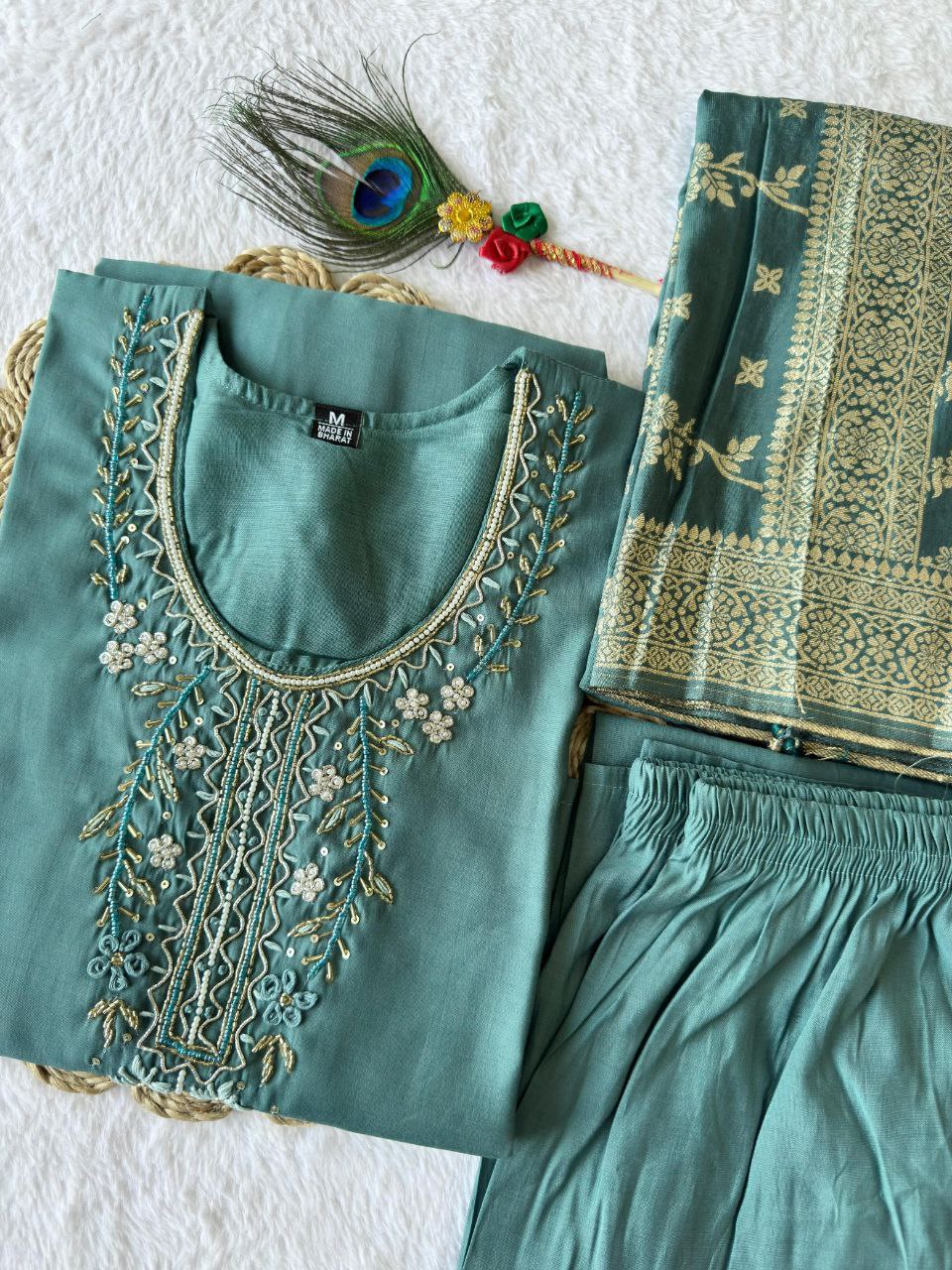 Designers Kurta Pent Set, Premium Roman Silk & Kurta Full Inner Cotton with Hand Work Neckline, Dupatta Heavy Quality Nylon Muslin jacquard With Latkan