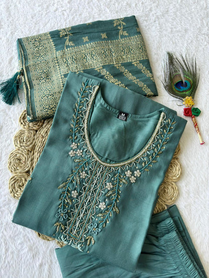 Designers Kurta Pent Set, Premium Roman Silk & Kurta Full Inner Cotton with Hand Work Neckline, Dupatta Heavy Quality Nylon Muslin jacquard With Latkan