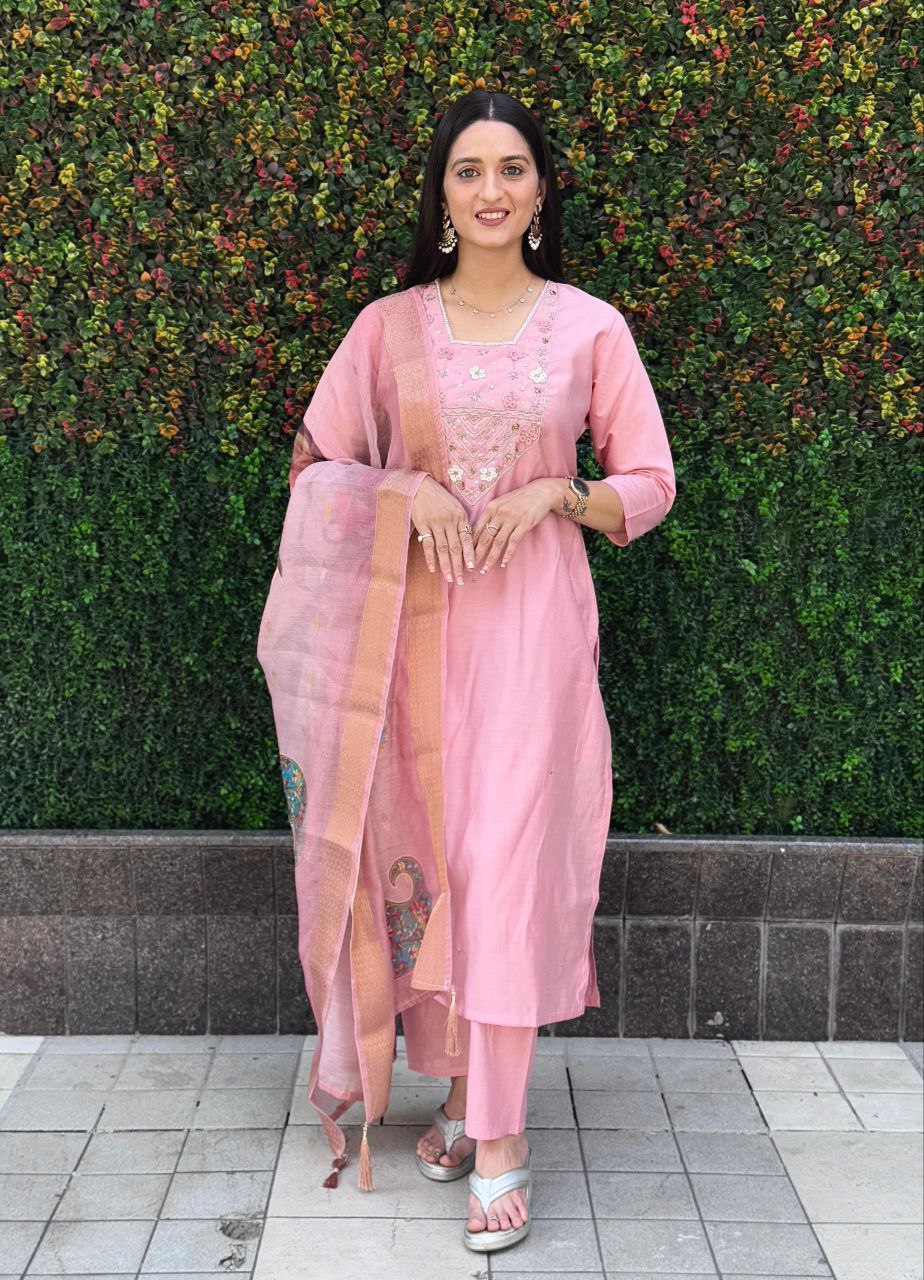 Designers Kurta Pent Set, Premium Roman Silk & Kurta Full Inner Cotton with Hand Work Neckline, Dupatta Heavy Chanderi jacquard With Digital Print With Latkan