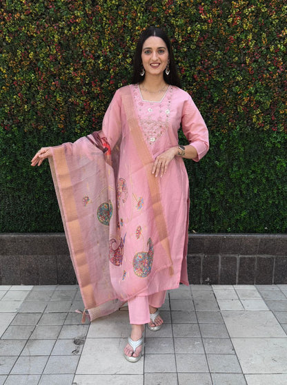 Designers Kurta Pent Set, Premium Roman Silk & Kurta Full Inner Cotton with Hand Work Neckline, Dupatta Heavy Chanderi jacquard With Digital Print With Latkan
