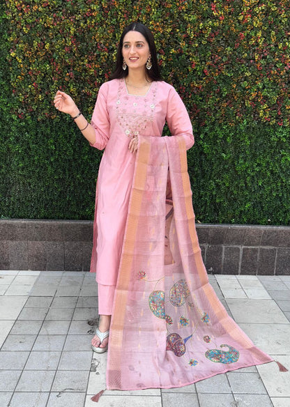 Designers Kurta Pent Set, Premium Roman Silk & Kurta Full Inner Cotton with Hand Work Neckline, Dupatta Heavy Chanderi jacquard With Digital Print With Latkan