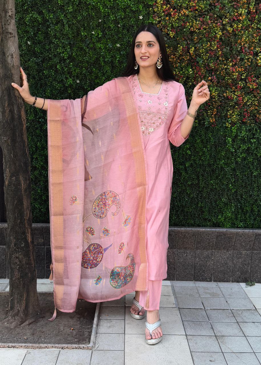 Designers Kurta Pent Set, Premium Roman Silk & Kurta Full Inner Cotton with Hand Work Neckline, Dupatta Heavy Chanderi jacquard With Digital Print With Latkan