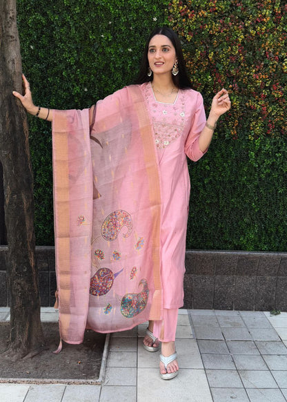 Designers Kurta Pent Set, Premium Roman Silk & Kurta Full Inner Cotton with Hand Work Neckline, Dupatta Heavy Chanderi jacquard With Digital Print With Latkan