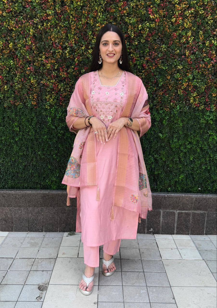 Designers Kurta Pent Set, Premium Roman Silk & Kurta Full Inner Cotton with Hand Work Neckline, Dupatta Heavy Chanderi jacquard With Digital Print With Latkan