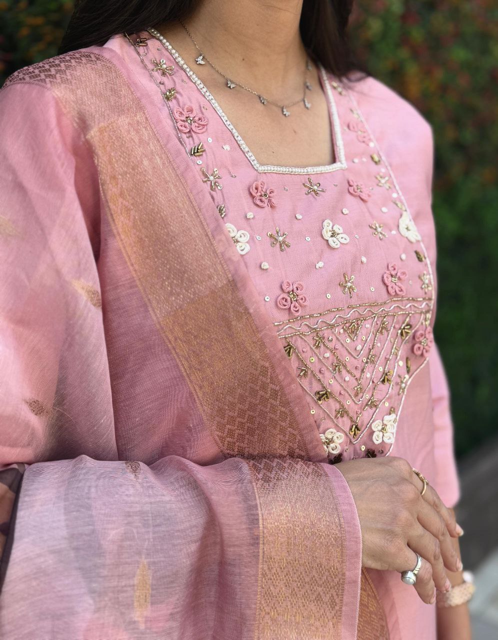 Designers Kurta Pent Set, Premium Roman Silk & Kurta Full Inner Cotton with Hand Work Neckline, Dupatta Heavy Chanderi jacquard With Digital Print With Latkan