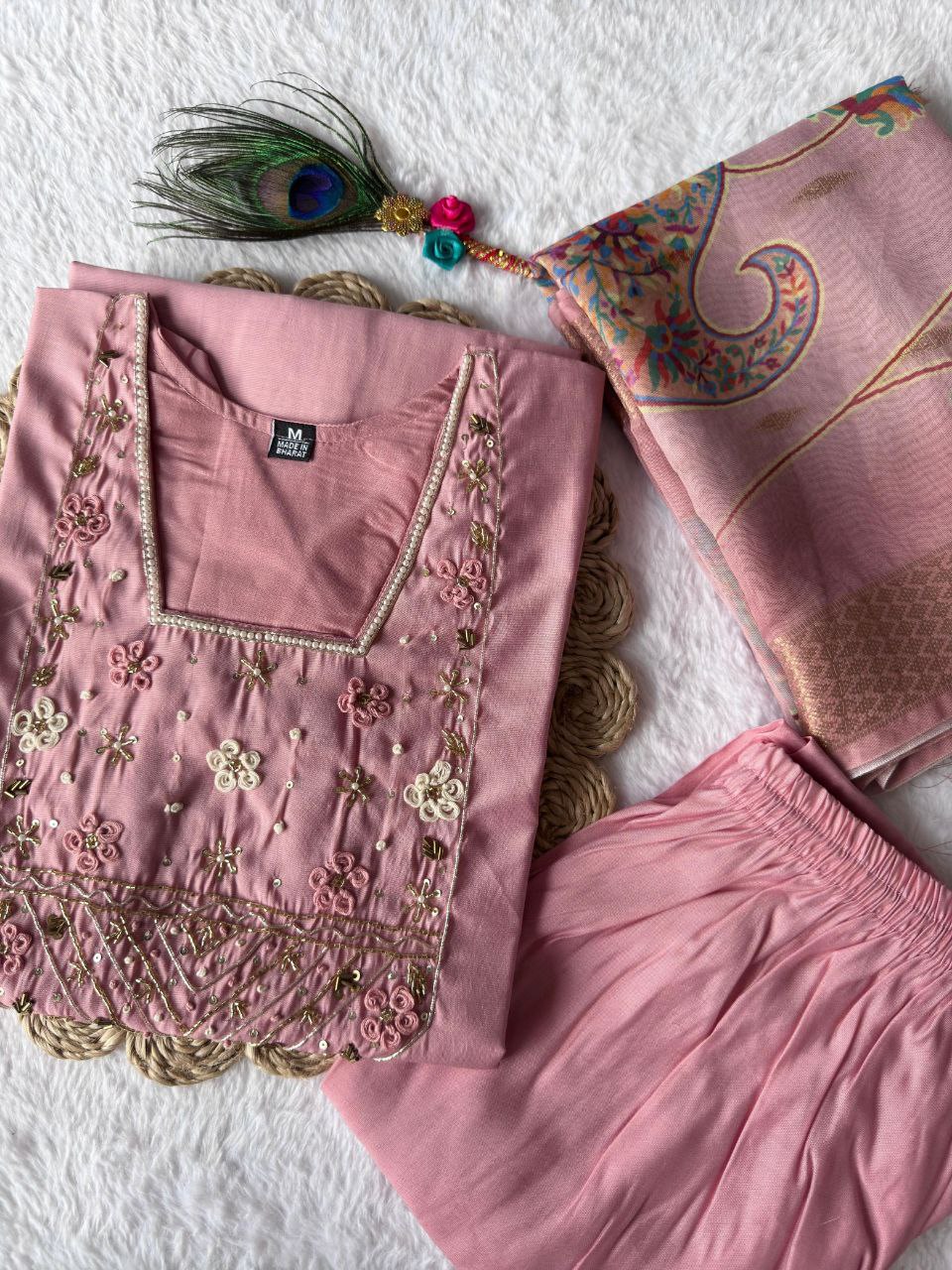 Designers Kurta Pent Set, Premium Roman Silk & Kurta Full Inner Cotton with Hand Work Neckline, Dupatta Heavy Chanderi jacquard With Digital Print With Latkan