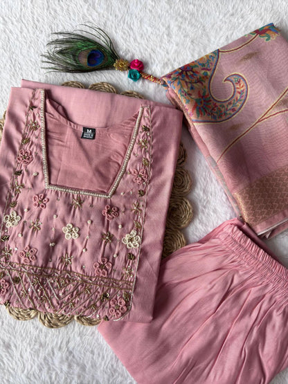 Designers Kurta Pent Set, Premium Roman Silk & Kurta Full Inner Cotton with Hand Work Neckline, Dupatta Heavy Chanderi jacquard With Digital Print With Latkan