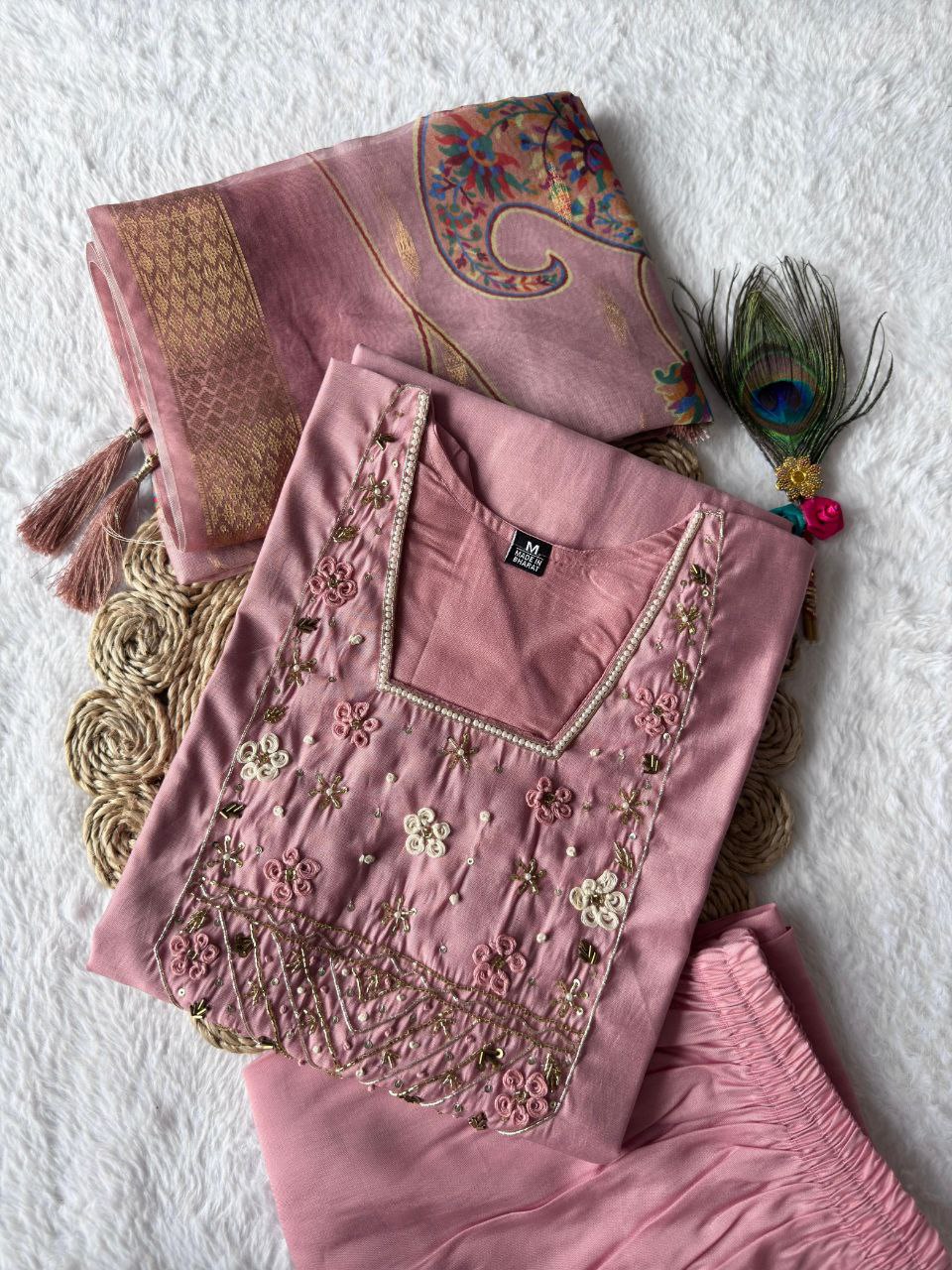 Designers Kurta Pent Set, Premium Roman Silk & Kurta Full Inner Cotton with Hand Work Neckline, Dupatta Heavy Chanderi jacquard With Digital Print With Latkan