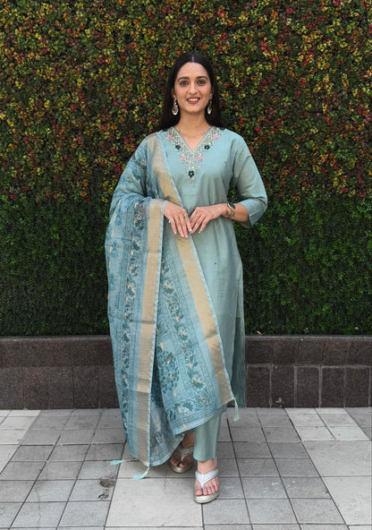 Designers Kurta Pent Set, Premium Roman Silk & Kurta Full Inner Cotton with Hand Work Neckline, Dupatta Heavy Chanderi jacquard With Digital Print With Latkan