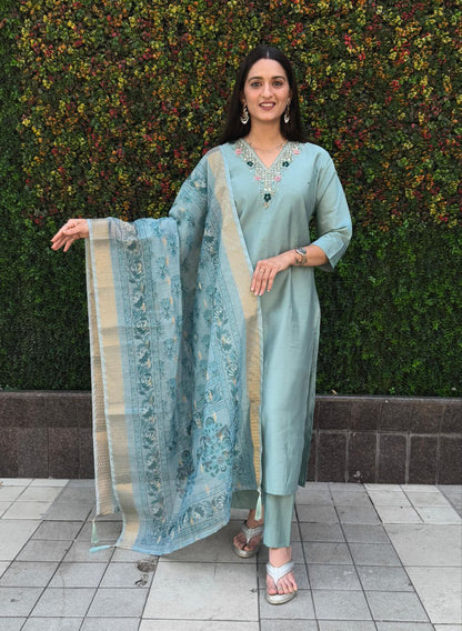 Designers Kurta Pent Set, Premium Roman Silk & Kurta Full Inner Cotton with Hand Work Neckline, Dupatta Heavy Chanderi jacquard With Digital Print With Latkan
