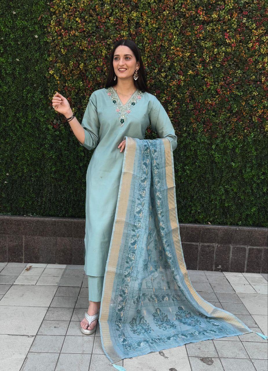 Designers Kurta Pent Set, Premium Roman Silk & Kurta Full Inner Cotton with Hand Work Neckline, Dupatta Heavy Chanderi jacquard With Digital Print With Latkan