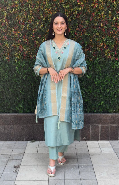 Designers Kurta Pent Set, Premium Roman Silk & Kurta Full Inner Cotton with Hand Work Neckline, Dupatta Heavy Chanderi jacquard With Digital Print With Latkan