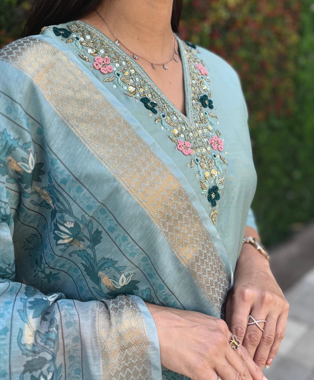 Designers Kurta Pent Set, Premium Roman Silk & Kurta Full Inner Cotton with Hand Work Neckline, Dupatta Heavy Chanderi jacquard With Digital Print With Latkan