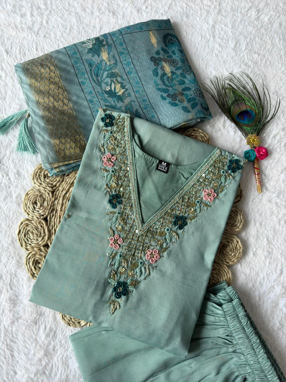 Designers Kurta Pent Set, Premium Roman Silk & Kurta Full Inner Cotton with Hand Work Neckline, Dupatta Heavy Chanderi jacquard With Digital Print With Latkan