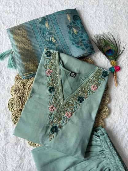 Designers Kurta Pent Set, Premium Roman Silk & Kurta Full Inner Cotton with Hand Work Neckline, Dupatta Heavy Chanderi jacquard With Digital Print With Latkan