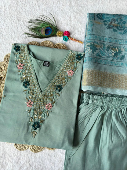 Designers Kurta Pent Set, Premium Roman Silk & Kurta Full Inner Cotton with Hand Work Neckline, Dupatta Heavy Chanderi jacquard With Digital Print With Latkan