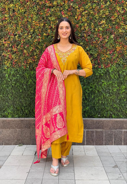 Designers Kurta Pent Set, Premium Roman Silk & Kurta Full Inner Cotton with Hand Work Neckline, Dupatta Heavy Quality Nylon Muslin jacquard With Latkan