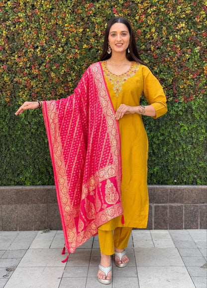 Designers Kurta Pent Set, Premium Roman Silk & Kurta Full Inner Cotton with Hand Work Neckline, Dupatta Heavy Quality Nylon Muslin jacquard With Latkan