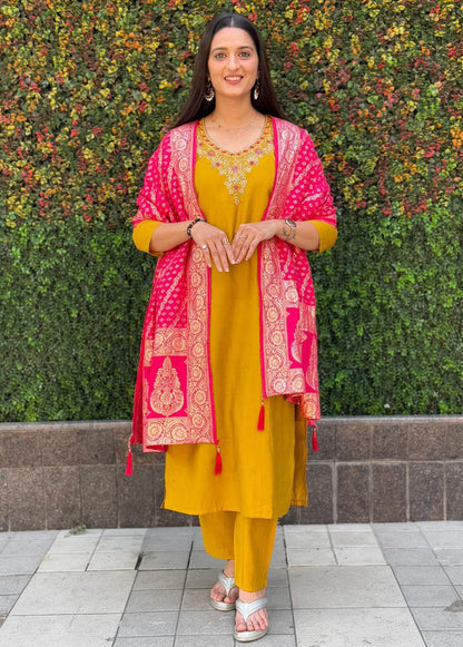 Designers Kurta Pent Set, Premium Roman Silk & Kurta Full Inner Cotton with Hand Work Neckline, Dupatta Heavy Quality Nylon Muslin jacquard With Latkan