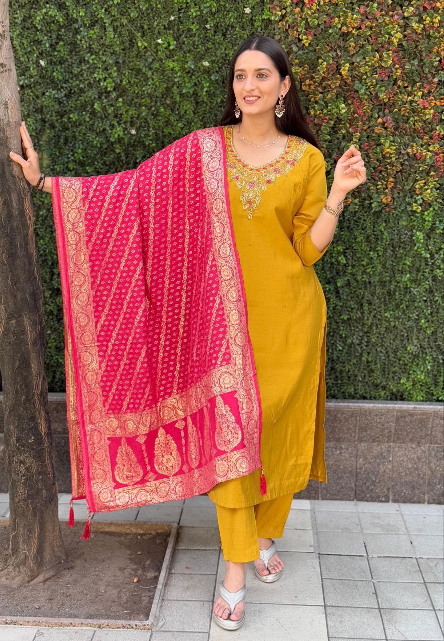 Designers Kurta Pent Set, Premium Roman Silk & Kurta Full Inner Cotton with Hand Work Neckline, Dupatta Heavy Quality Nylon Muslin jacquard With Latkan