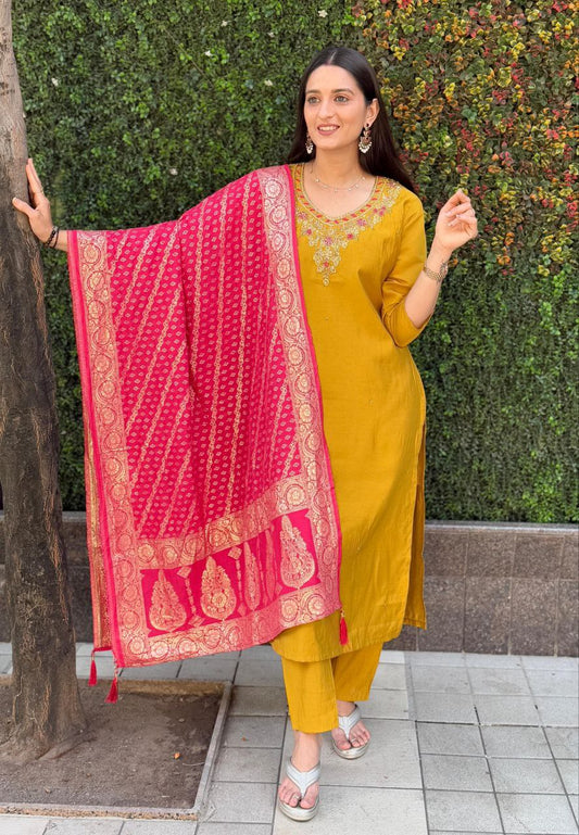 Designers Kurta Pent Set, Premium Roman Silk & Kurta Full Inner Cotton with Hand Work Neckline, Dupatta Heavy Quality Nylon Muslin jacquard With Latkan