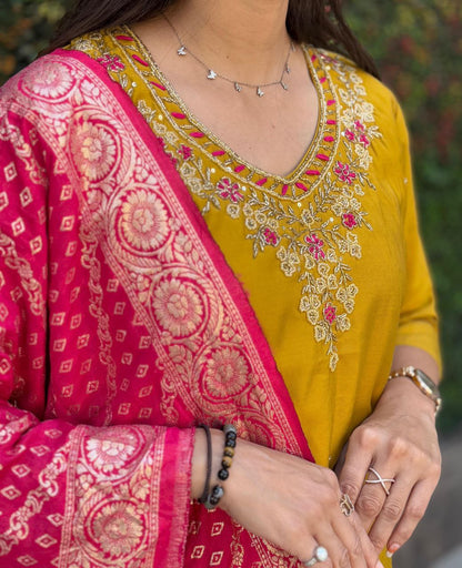 Designers Kurta Pent Set, Premium Roman Silk & Kurta Full Inner Cotton with Hand Work Neckline, Dupatta Heavy Quality Nylon Muslin jacquard With Latkan
