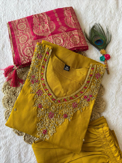 Designers Kurta Pent Set, Premium Roman Silk & Kurta Full Inner Cotton with Hand Work Neckline, Dupatta Heavy Quality Nylon Muslin jacquard With Latkan