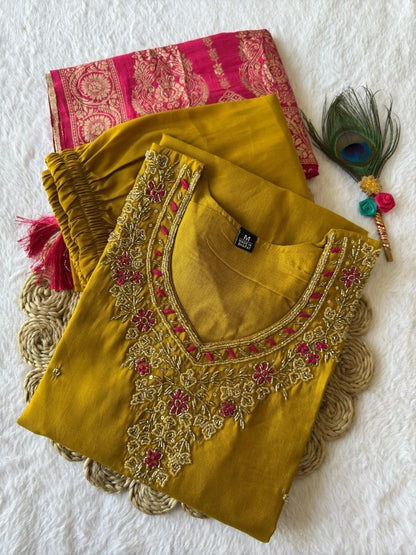 Designers Kurta Pent Set, Premium Roman Silk & Kurta Full Inner Cotton with Hand Work Neckline, Dupatta Heavy Quality Nylon Muslin jacquard With Latkan