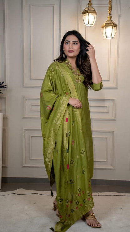 Designers Kurta Pent Set, Premium Roman Silk & Kurta Full Inner Cotton with Hand Work Neckline, Dupatta Heavy Quality Nylon Muslin jacquard With Latkan