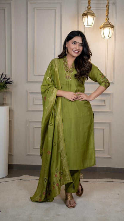 Designers Kurta Pent Set, Premium Roman Silk & Kurta Full Inner Cotton with Hand Work Neckline, Dupatta Heavy Quality Nylon Muslin jacquard With Latkan