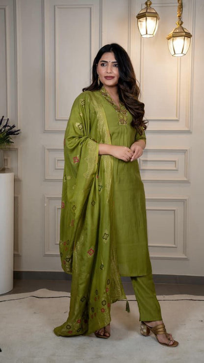 Designers Kurta Pent Set, Premium Roman Silk & Kurta Full Inner Cotton with Hand Work Neckline, Dupatta Heavy Quality Nylon Muslin jacquard With Latkan
