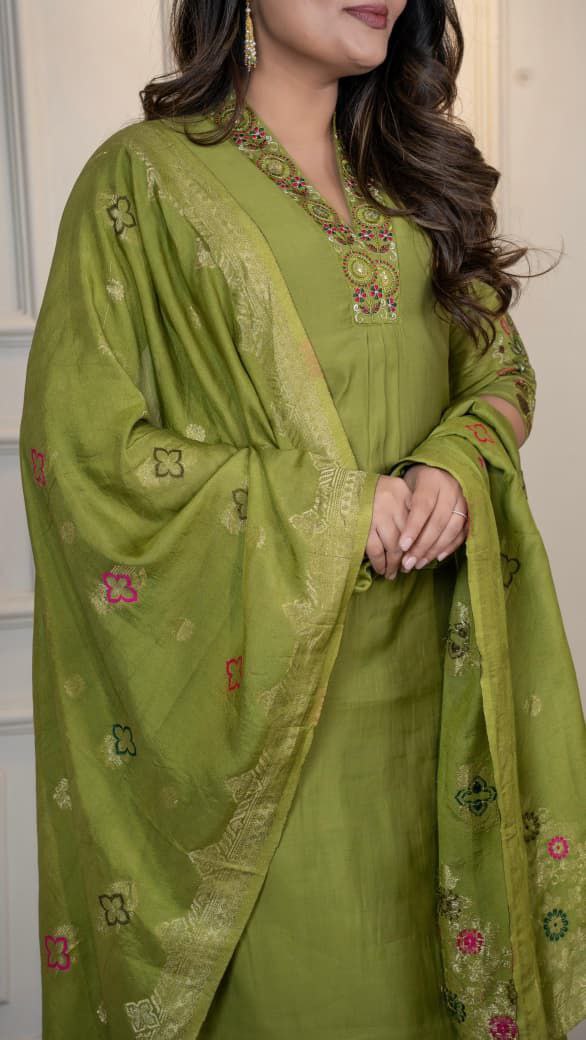 Designers Kurta Pent Set, Premium Roman Silk & Kurta Full Inner Cotton with Hand Work Neckline, Dupatta Heavy Quality Nylon Muslin jacquard With Latkan