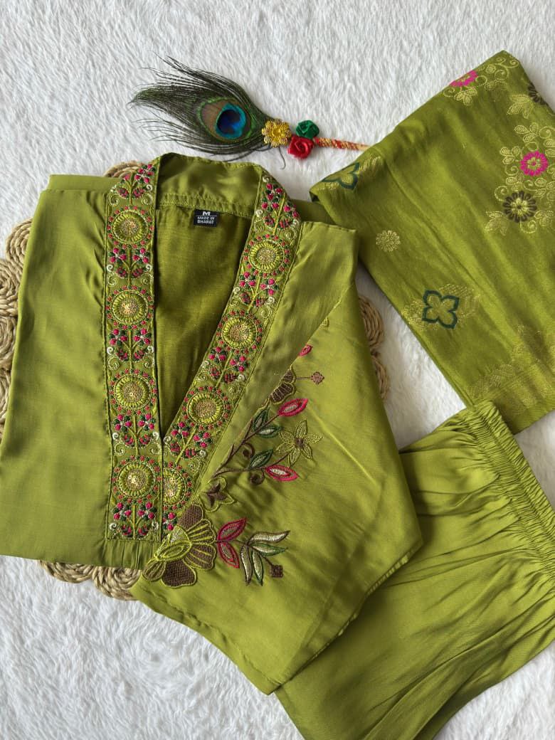 Designers Kurta Pent Set, Premium Roman Silk & Kurta Full Inner Cotton with Hand Work Neckline, Dupatta Heavy Quality Nylon Muslin jacquard With Latkan