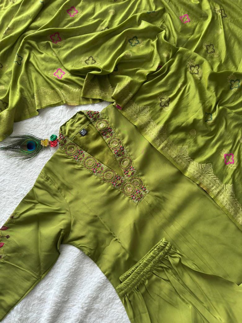 Designers Kurta Pent Set, Premium Roman Silk & Kurta Full Inner Cotton with Hand Work Neckline, Dupatta Heavy Quality Nylon Muslin jacquard With Latkan